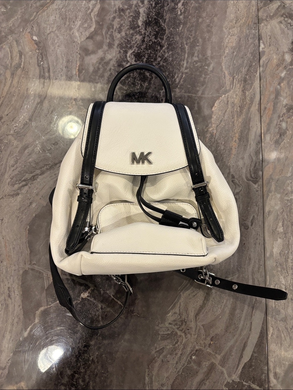 Michael Kors Cream and Black Pebbled Leather Backpack